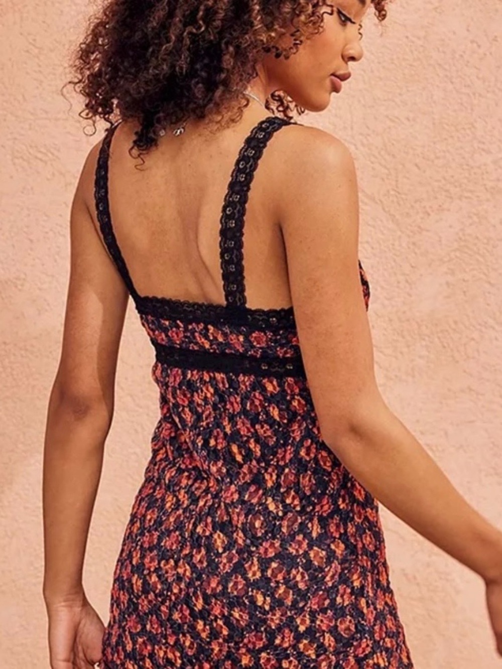 Urban Outfitters Black Red Floral Lace Slip Mini Dress S - Picture 2 of 7